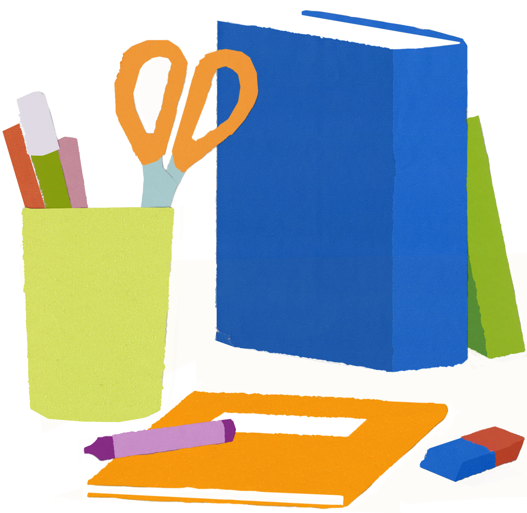 An illustration of drawing and writing tools next to a few brightly-colored books