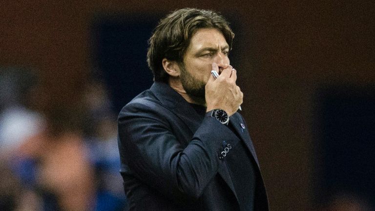 GLASGOW, SCOTLAND - AUGUST 19: Rangers head coach Russell Martin during a UEFA Champions League Play-Offs First Leg match between Rangers and Club Brugge at Ibrox Stadium, on August 19, 2025, in Glasgow, Scotland.  (Photo by Craig Foy / SNS Group)