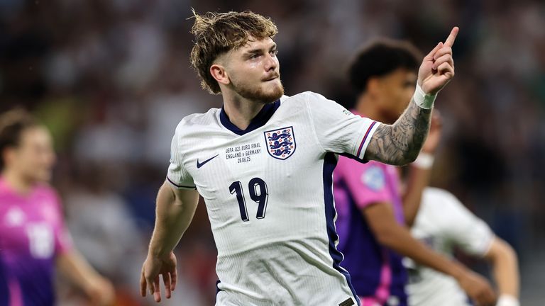 England's Harvey Elliott celebrates after opening the scoring against Germany in the U21 Euro final