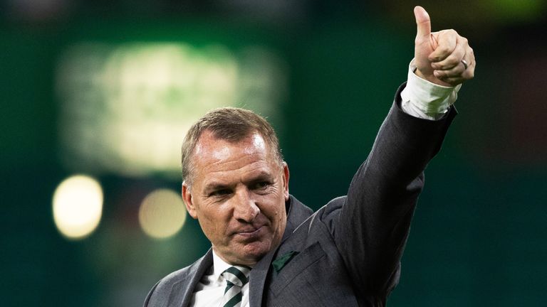 GLASGOW, SCOTLAND - AUGUST 15: Celtic Manager Brendan Rodgers at Full Time during a Premier Sports Cup Second Round match between Celtic and Falkirk at Celtic Park, on August 15, 2025, in Glasgow, Scotland.  (Photo by Ross Parker / SNS Group)