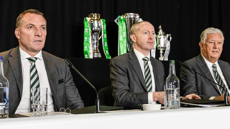 Rodgers (L) will want backing from the likes of CEO Michael Nicholson (C) and non-executive chariman Peter Lawwell (R) in the summer transfer window