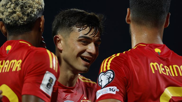 Spain's Pedri, center, celebrates after his team's goal against Bulgaria (AP Photo/ Tony Uzunov)