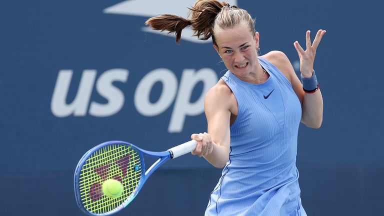 Mika Stojsavljevic of Great Britain returns a shot against Sol Ailin Larraya Guidi of Argentina during their Junior Girls' Singles First Rou