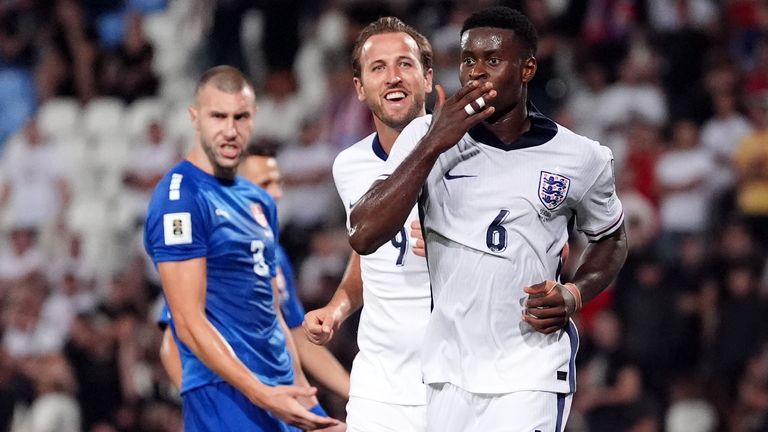 Marc Guehi celebrates after scoring England's fourth goal in their 5-0 win over Serbia