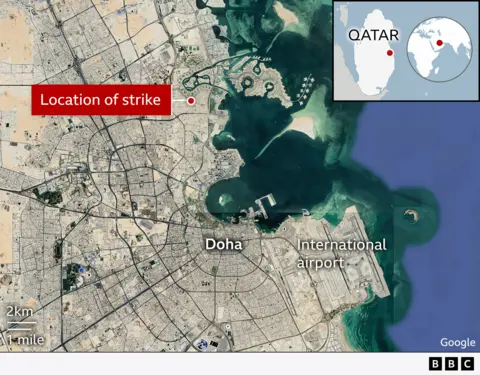 Map showing the location of the Israeli strike on a target in the north of Doha
