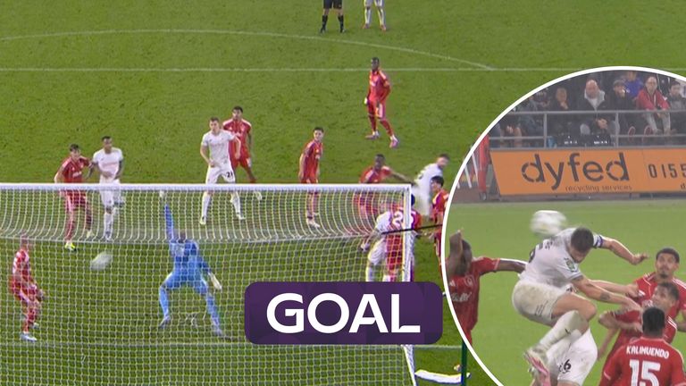 Captain Cameron Burgess headed home from a corner to pull a goal back for Swansea in the Carabao Cup third round against Nottingham Forest.