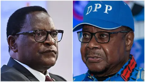 AFP via Getty Images A split picture shows Lazarus Chakwera (who wears glasses and a suit) and Peter Mutharika (who wears a colourful, patterened shirt and a cap emblazoned with name of his party - DPP).