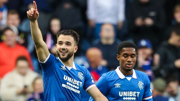 GLASGOW, SCOTLAND - SEPTEMBER 20: Rangers' Nicolas Raskin celebrates scoring to make it 1-0 during a Premier Sports Cup Quarter-Final match between Rangers and Hibernian at Ibrox Stadium, on September 20, 2025, in Glasgow, Scotland. (Photo by Alan Harvey / SNS Group)