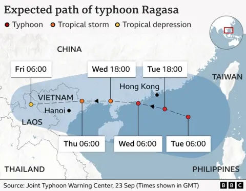 Map showing the expected path for typhoon Ragasa in Asia in the next few days. It is expected to pass through Hong Kong as a typhoon between Tuesday 18:00 GMT and Wednesday 06:00 GMT. It will keep moving west and turn into a tropical storm by the end of Wednesday, as it reaches Vietnam. By Friday at 06:00 GMT it will reach Laos as a tropical depression. Data from the Join Typhoon Warning Center on 23 September.