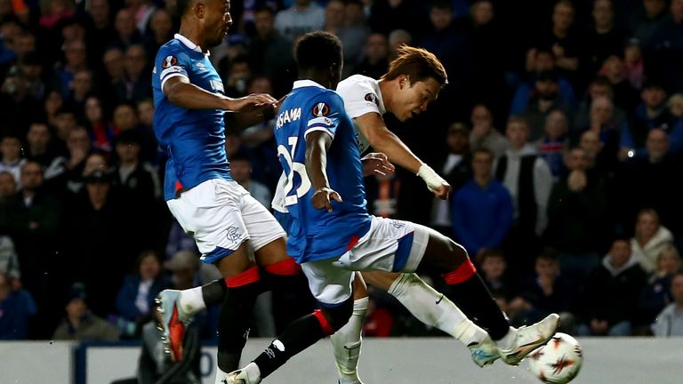 Genk's Oh Hyeon-Gyu scores a goal against Rangers in the Europa League at Ibrox
