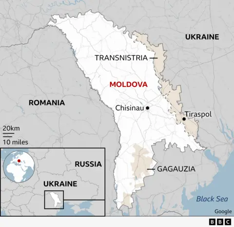 Map of Moldova showing the Transnistria and Gagauzia