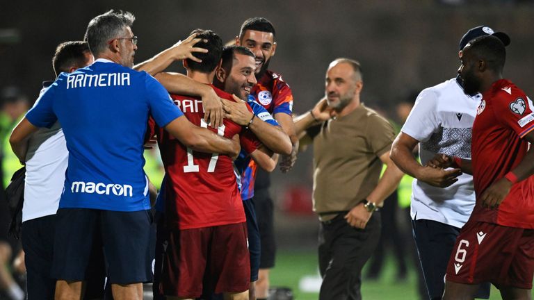Armenia's players celebrates after scoring their side's second goal during a World Cup 2026 group F qualifying soccer match between Armenia and Ireland at the Vazgen Sargsyan stadium in Yerevan, Armenia, Tuesday, Sept. 9, 2025. (AP Photo/Hakob Berberyan)