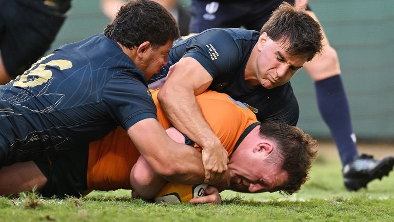 Angus Bell of the Wallabies scores the match winning try during the rugby international between Australia and Argentina in Townsville, Australia, Saturday, Sept. 6, 2025. (Dave Hunt/AAP Image via AP)
