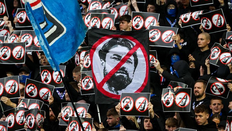 GLASGOW, SCOTLAND - SEPTEMBER 20: Rangers fans protest against head coach Russell Martin inside the stadium during Cup Quarter-Final