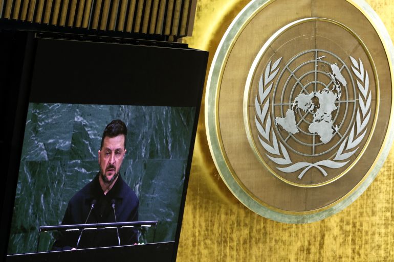 NEW YORK, NEW YORK - SEPTEMBER 24: President of Ukraine Volodymyr Zelensky speaks during the United Nations General Assembly (UNGA) at the United Nations headquarters on September 24, 2025 in New York City. World leaders convened for the 80th Session of UNGA, with this years theme for the annual global meeting being Better together: 80 years and more for peace, development and human rights. Michael M. Santiago/Getty Images/AFP (Photo by Michael M. Santiago / GETTY IMAGES NORTH AMERICA / Getty Images via AFP)