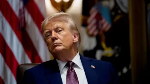 Getty Images Donald Trump dressed in blue suit looking at camera with a serious look on his face