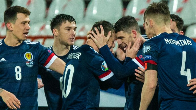 BELGRADE, SERBIA - NOVEMBER 12:  Ryan Christie celebrates his opening goal for Scotland during the UEFA Euro 2020 Qualifier between Serbia and Scotland at the Stadion Rajko Mitic on November 12, 2020, in Belgrade, Serbia. (Photo by Nikola Krstic / SNS Group)
