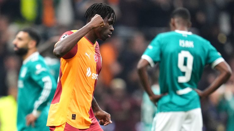 Galatasaray's Stephane Singo celebrates after a penalty kick for Liverpool is overturned following a VAR check
