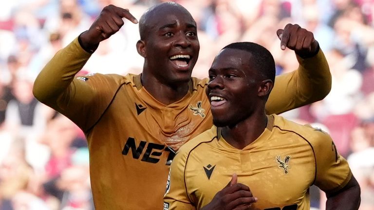 Goalscorers Tyrick Mitchell and Jean-Philippe Mateta celebrate at London Stadium