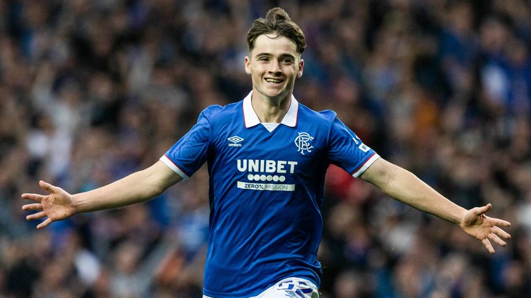 GLASGOW, SCOTLAND - JULY 22: Rangers' Findlay Curtis celebrates as he scores to make it 1-0 during a UEFA Champions League Second Round Qualifier First Leg match between Rangers and Panathinaikos at Ibrox Stadium, on July 22, 2025, in Glasgow, Scotland. (Photo by Craig Williamson / SNS Group)