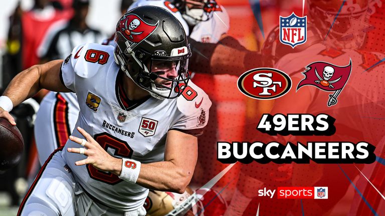 Tampa Bay Buccaneers quarterback Baker Mayfield (6) rolls out against the San Francisco 49ers during the first half of an NFL football game in Tampa, Fla., Sunday, Oct. 12, 2025.