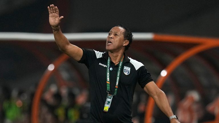 Cape Verde's head coach Bubista gestures to a player during the African Cup of Nations quarter final soccer match between Cape Verde and South Africa, at the Charles Konan Banny stadium in Yamoussoukro, Ivory Coast, Saturday, Feb. 3, 2024. (AP Photo/Themba Hadebe)