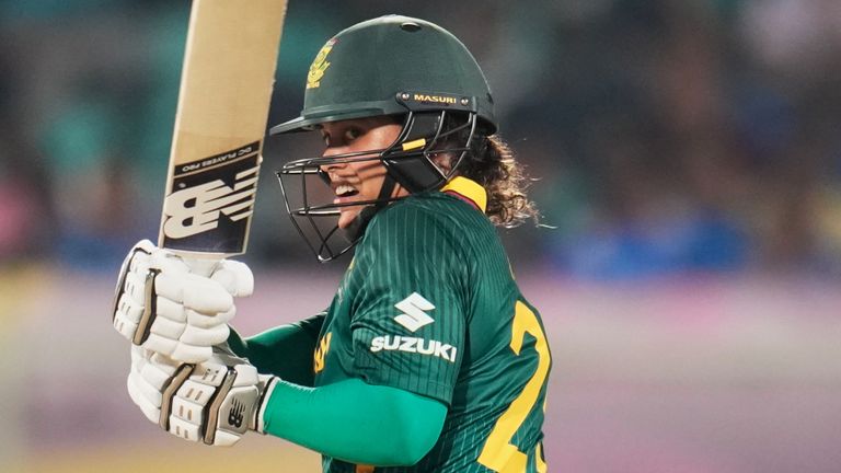 South Africa's Chole Tryon plays a shot during the ICC Women's Cricket World Cup match against India (Associated Press)