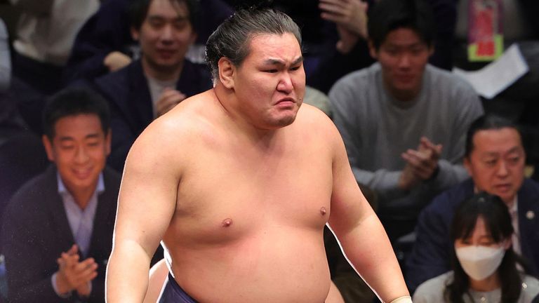 Hoshoryu Tomokatsu reacts after winning the play-off match in the Tokyo Grand Sumo Tournament in January 2025