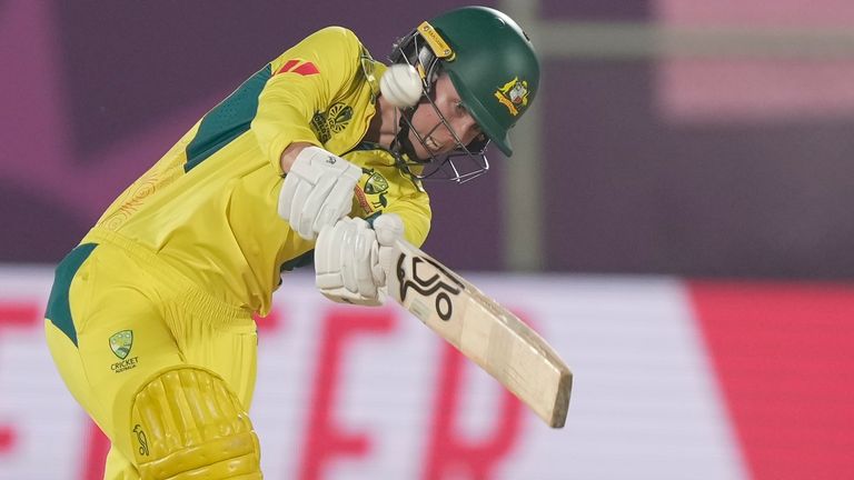 Australia's Phoebe Litchfield plays a shot during the ICC Women's Cricket World Cup match between Australia and Bangladesh at ACA...VDCA Cricket Stadium in Visakhapatnam, India, Thursday, Oct. 16, 2025. (AP Photo/Mahesh Kumar A.)