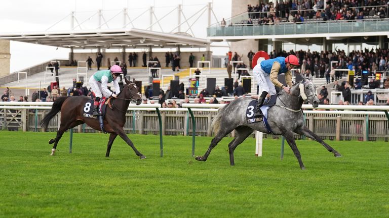 James Doyle on Fallen Angel goes on to win the BetMGM Sun Chariot Stakes at Newmarket