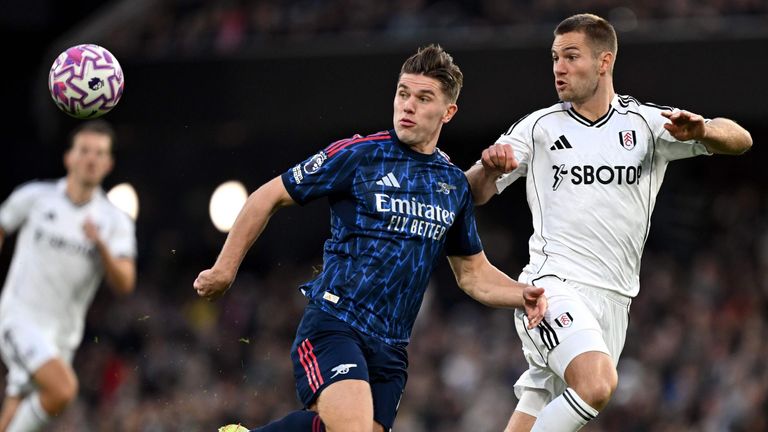 Viktor Gyokeres battles for possession with Joachim Andersen 