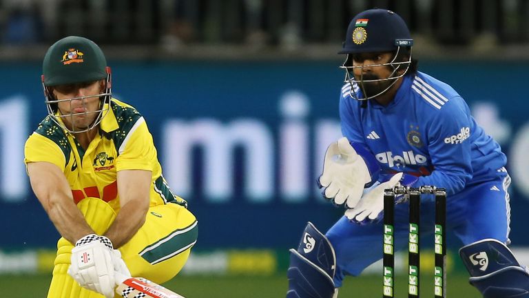 Australia's Mitch Marsh bats during the one day international cricket match between Australia and India 