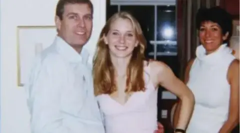 Virginia Giuffre Virginia Giuffre and Prince Andrew in a photo reportedly taken in London in 2001 - he has his hand around her waist and both are smiling at the camera. They are inside a property, and Ghislaine Maxwell can be seen in the background, also smiling 