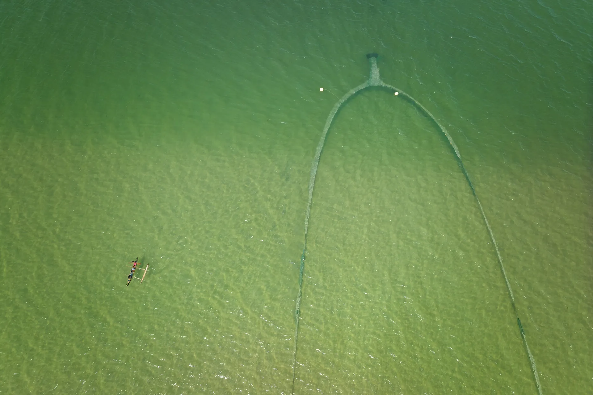 Aerial image of a large beach seine, with a small boat in the water nearby.