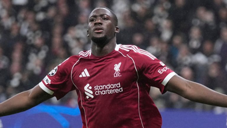 Liverpool's Ibrahima Konate celebrates after scoring his side's third goal during the Champions League opening phase soccer match between Eintracht Frankfurt and Liverpool in Frankfurt, Germany, Wednesday, Oct. 22, 2025. (AP Photo/Michael Probst)