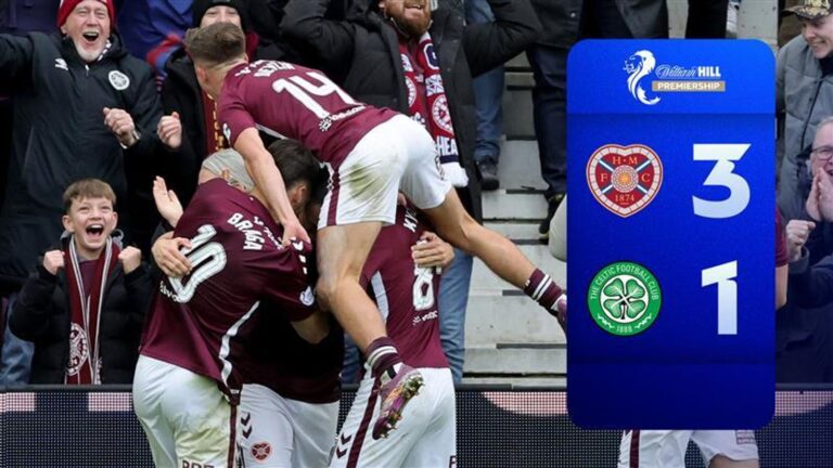 Hearts fire three past Celtic to go EIGHT points clear at the top!