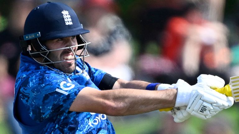 England's Jamie Overton bats during a one-day international (Associated Press)