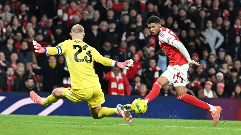 Andre Harriman-Annous is denied by Jason Steele before Arsenal's second goal