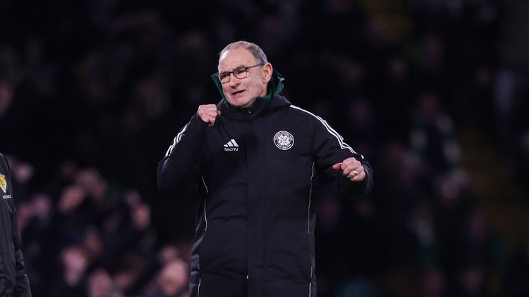 Martin O'Neill celebrates during Celtic's win over Falkirk.