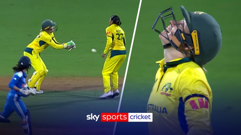 Australian captain Australian captain Alyssa Healy drops a catch, which was chance to dismiss Jemimah Rodrigues and could prove to be a huge moment in the game. 