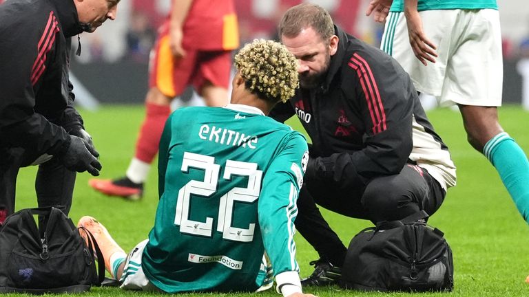 Liverpool's Hugo Ekitike receives treatment after suffering an injury at Galatasaray
