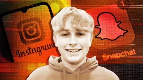 BBC Image showing Evan Boettler in the middle, with the Instagram and Snapchat logos behind him in a darker colour. He has blonde hair with a long fringe and is smiling at the camera. He is wearing a hooded top.  