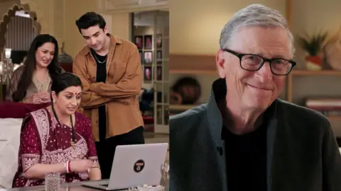 JioStar Split screen picture of Bill Gates and Smriti Irani in Indian TV drama Kyunki Saas Bhi Kabhi Bahu Thi