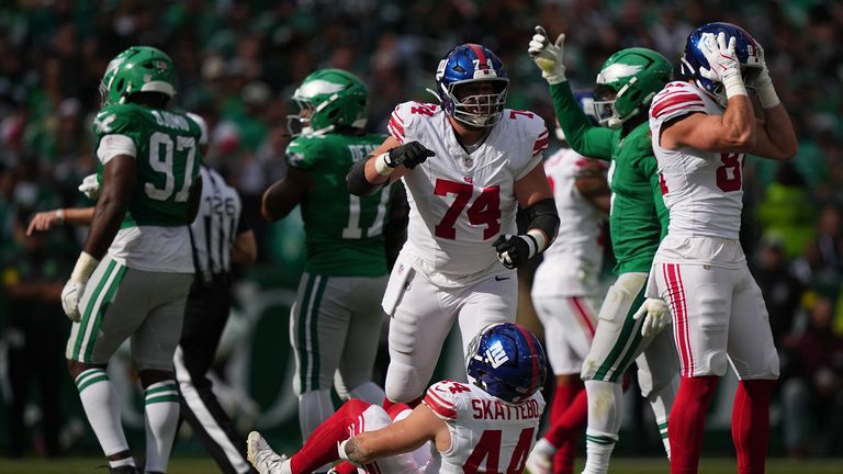 New York Giants' Cam Skattebo reacts after an injury an NFL game against the Philadelphia Eagles (AP Photo/Matt Rourke)