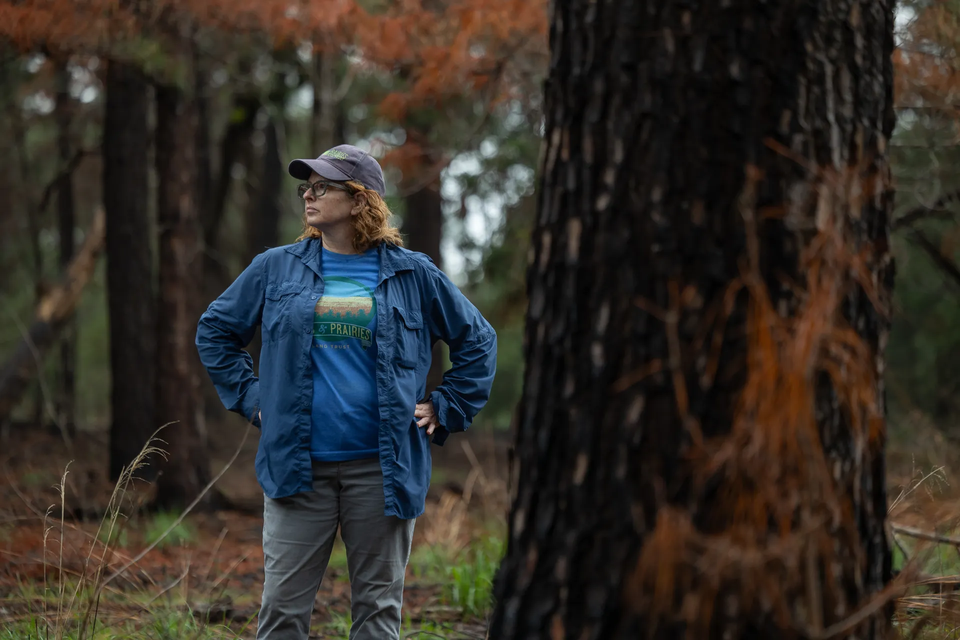 A woman standing in a wooded area with her hands on her hips, while looking off to the left.