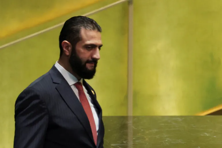 Syrian President Ahmed al-Sharaa arrives to address the 80th United Nations General Assembly at the U.N. headquarters in New York, U.S., September 24, 2025 [Jeenah Moon/Reuters]