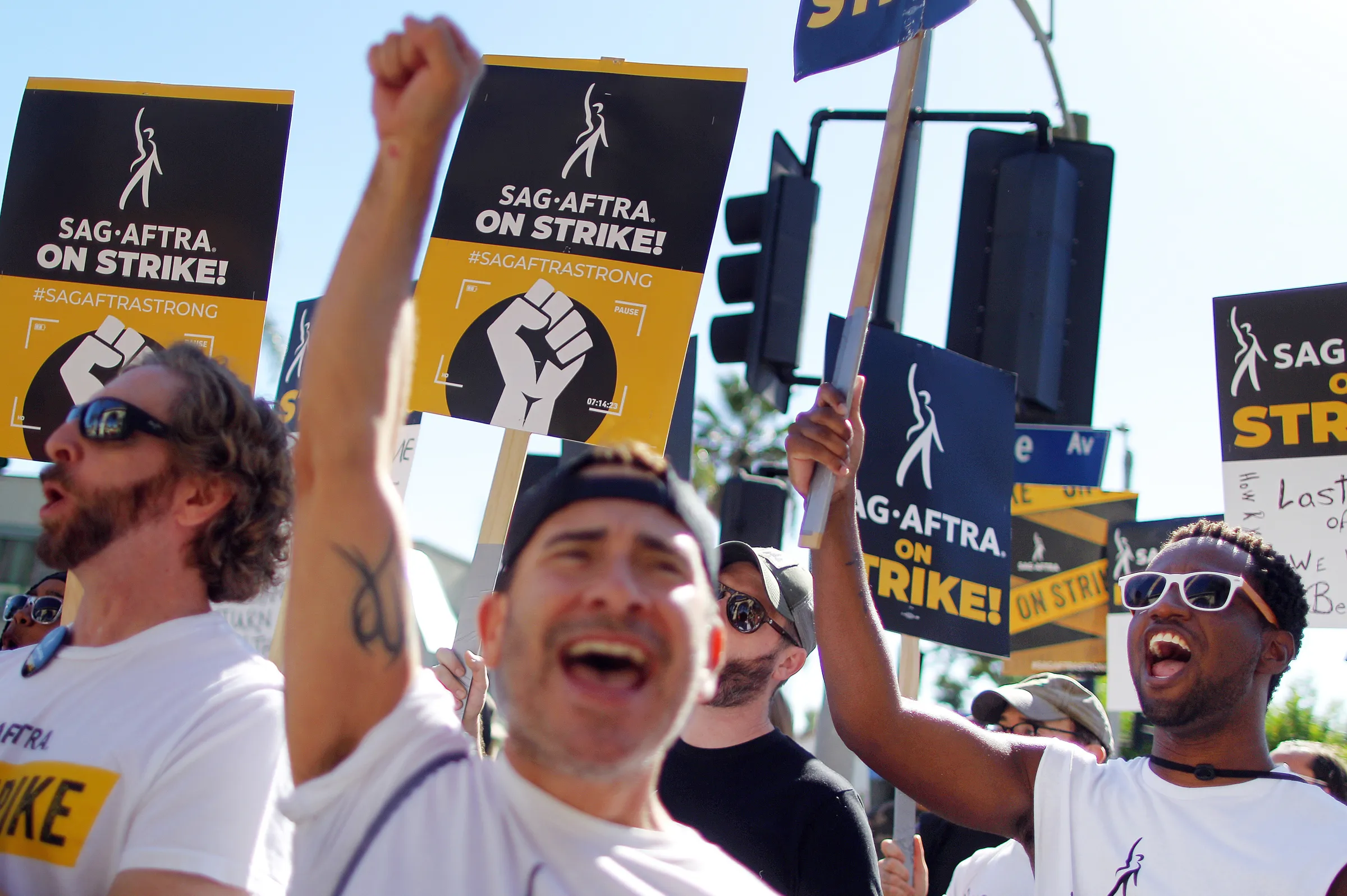 SAG-AFTRA members and supporters chant outside Paramount Studios on day 118 of their strike against the Hollywood studios on November 8, 2023 in Los Angeles, California. 