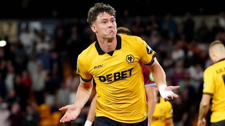 Jorgen Strand Larsen celebrates after scoring for Wolves against West Ham in the second round of the Carabao Cup