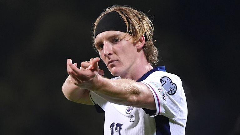 Anthony Gordon celebrates scoring against Latvia for England