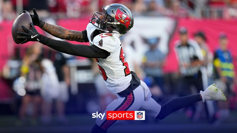 Tampa Bay Buccaneers wide receiver Tez Johnson catches a touchdown pass against the San Francisco 49ers during the second half of an NFL football game in Tampa, Fla., Sunday, Oct. 12, 2025.